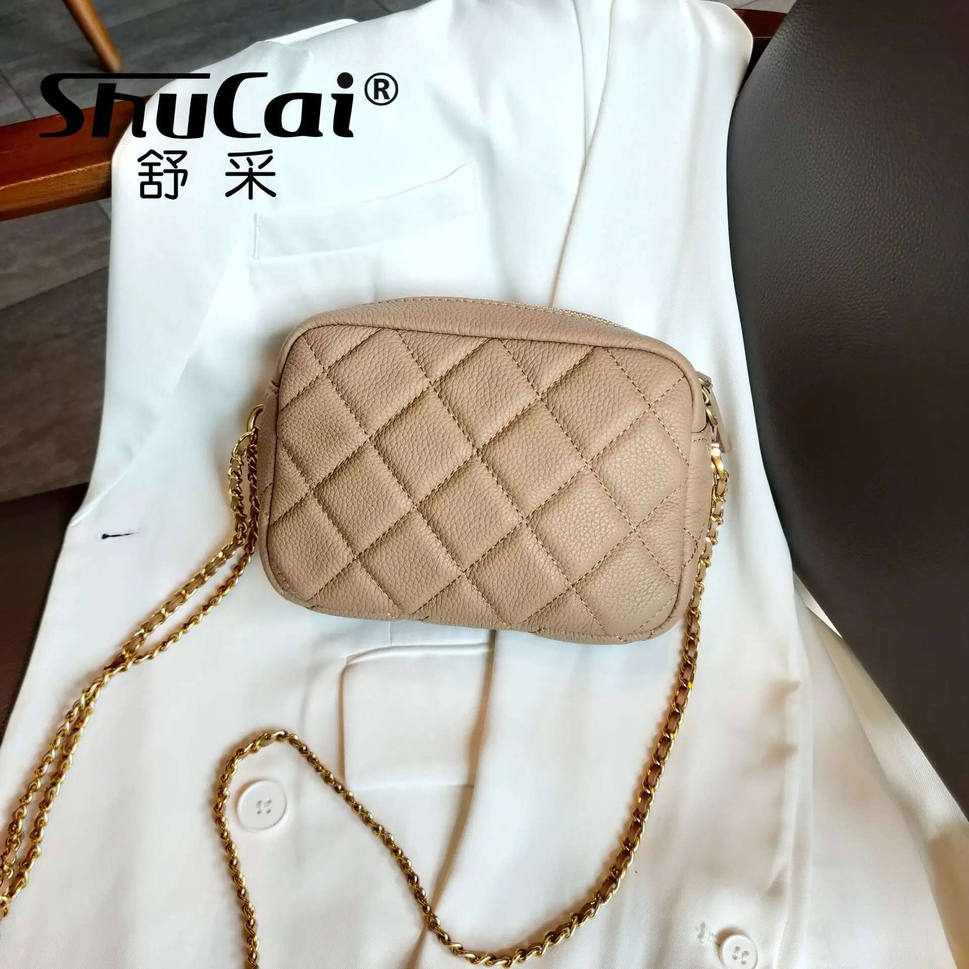 SHUCAI First Layer Cowhide Women's Rhombus Fashion Popular Chain Soft Shoulder Messenger Bag Casual Tide New