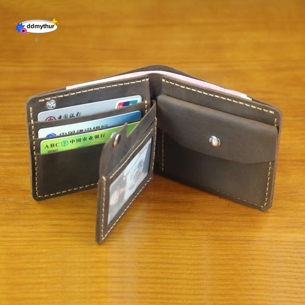 Handmade 100% Genuine Leather Men Purse Short Clip with Coin Pocket Male Money Bag Multi-Card Wallet Vintage ddmythur