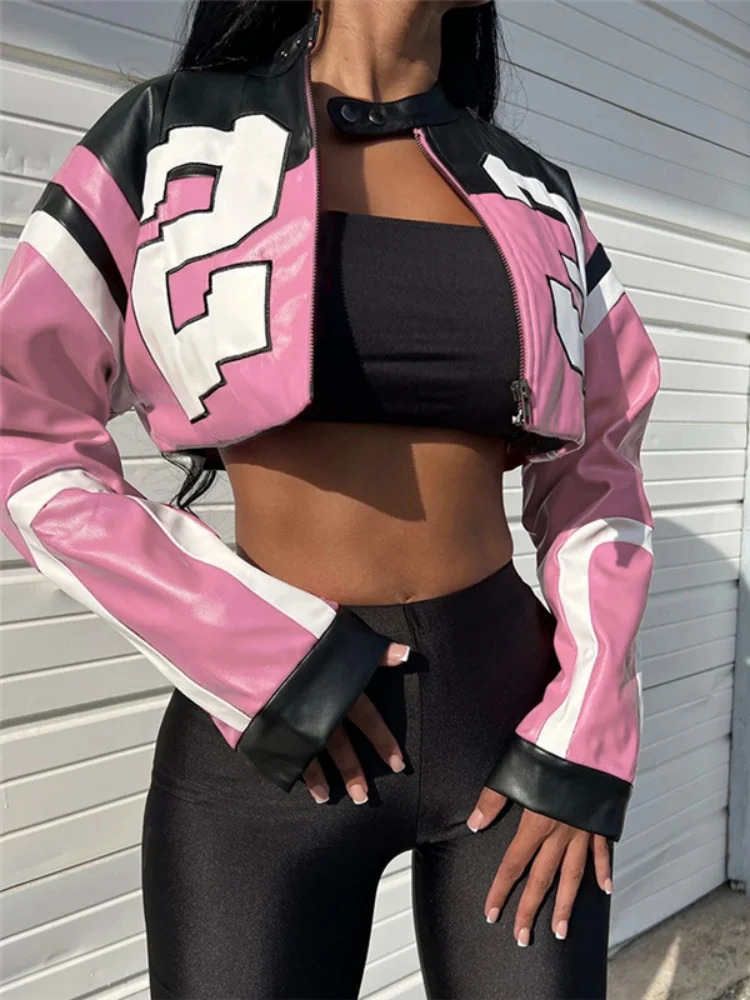 Sisterlinda womens autumn and winter zipper street patch work casual baseball short jacket single chest cut outdoor chic 250409