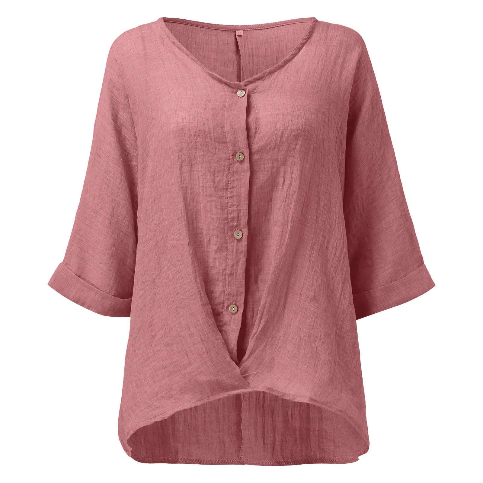 Dongdumaoyi Summer Cotton Linen Button Blouse Women Long Sleeve O Neck Solid Shirts Ladies Lady Elegant Vintage Casual Breathable Tops T Shirt