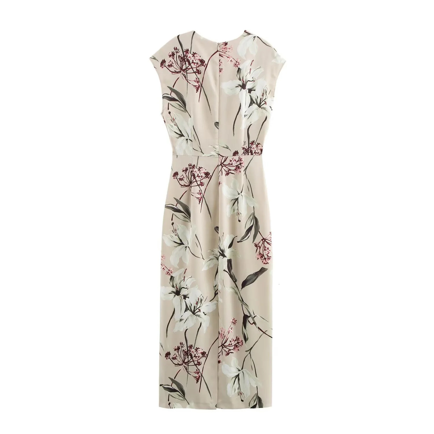 Spring Womens Printed Satin Texture Vneck Short Sleeve Slimming Long Dress 250409
