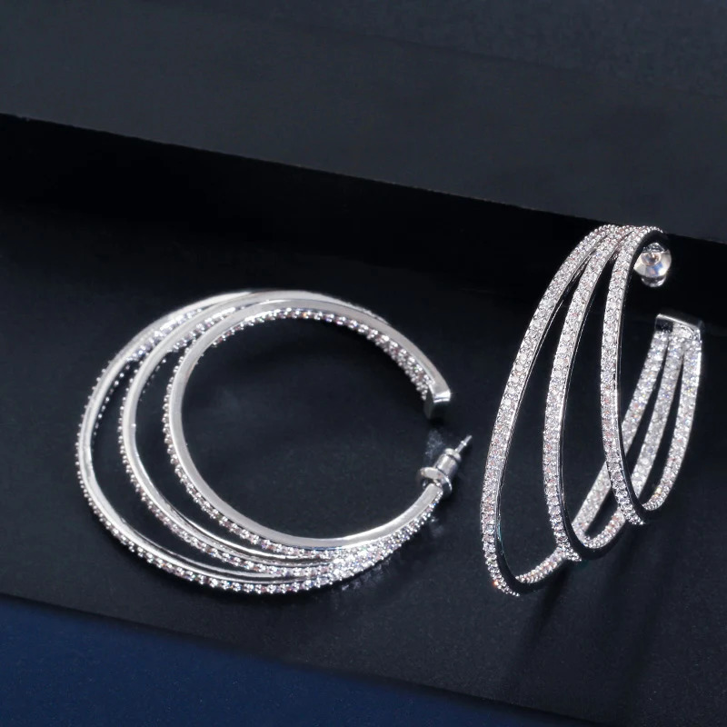 CWWZircons 3 Circle Bling Cubic Zirconia Pave Yellow Gold Color Big Round Geometric Triple Hoop Earrings for Women CZ581 250403
