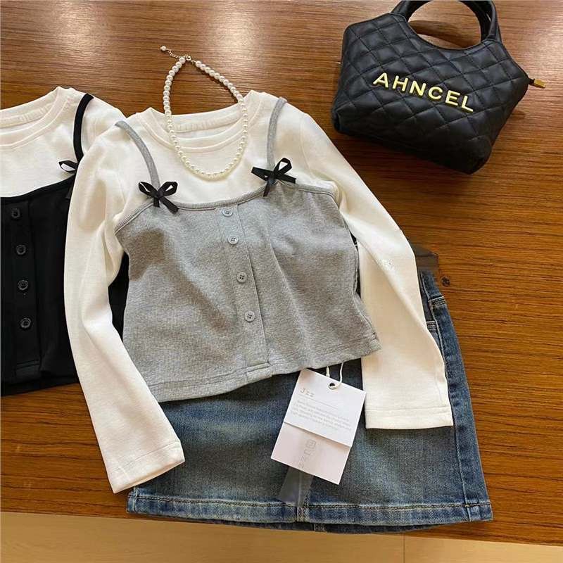 Ddmyshoesvip Girls Fashion Sweet T Shirt Autumn New Korean Version Children S Fake Two Piece Top Base Shirt Trend