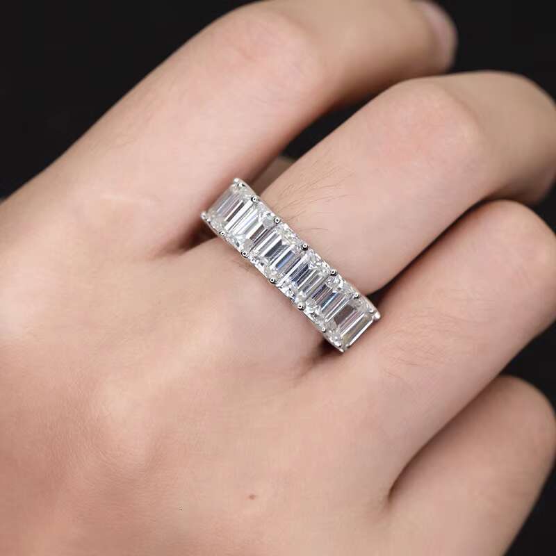 Emrald Cut Moissanite Eternity Band Ring 18K White Gold Plated Brilliant Wedding Jewelry with GRA DEF Unique Selling Points