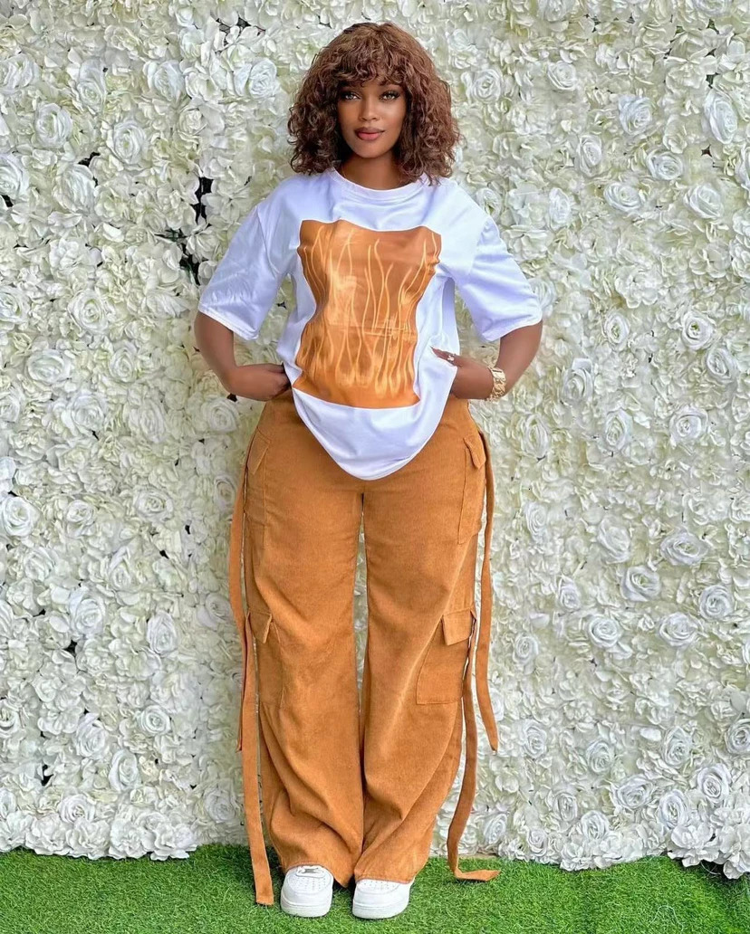 2piece womens large stone wood African summer clothing spring fashion short sleeved top and pants party set matching 250409