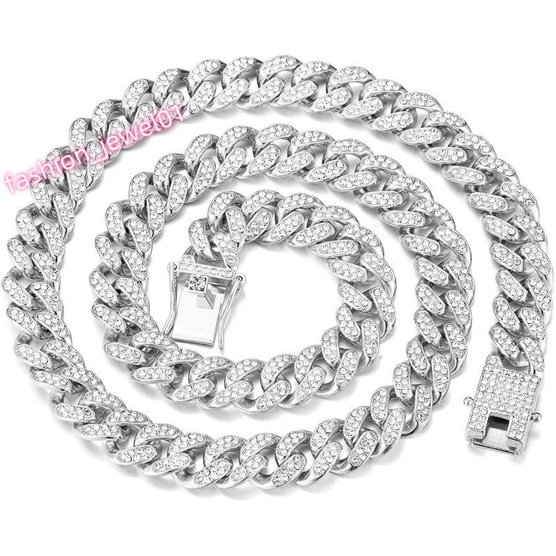 Men Cuban Chain Hip Hop Bracelet Necklace Silver Metal Link Chains Rhinestone Mens Jewelry Bracelets Necklaces