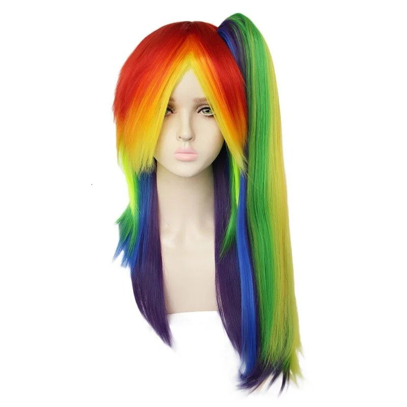Womens long ponytail multi-color rainbow girl wig womenwig cap 250407
