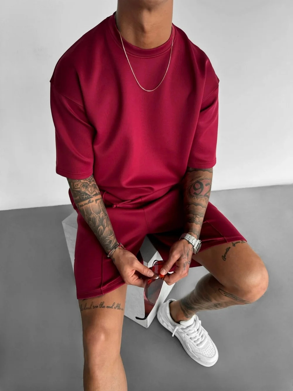 Summer Mens Casual Solid Color Short Sleeve Two Piece Classic Fashion Crewneck Street Sports Set 250409
