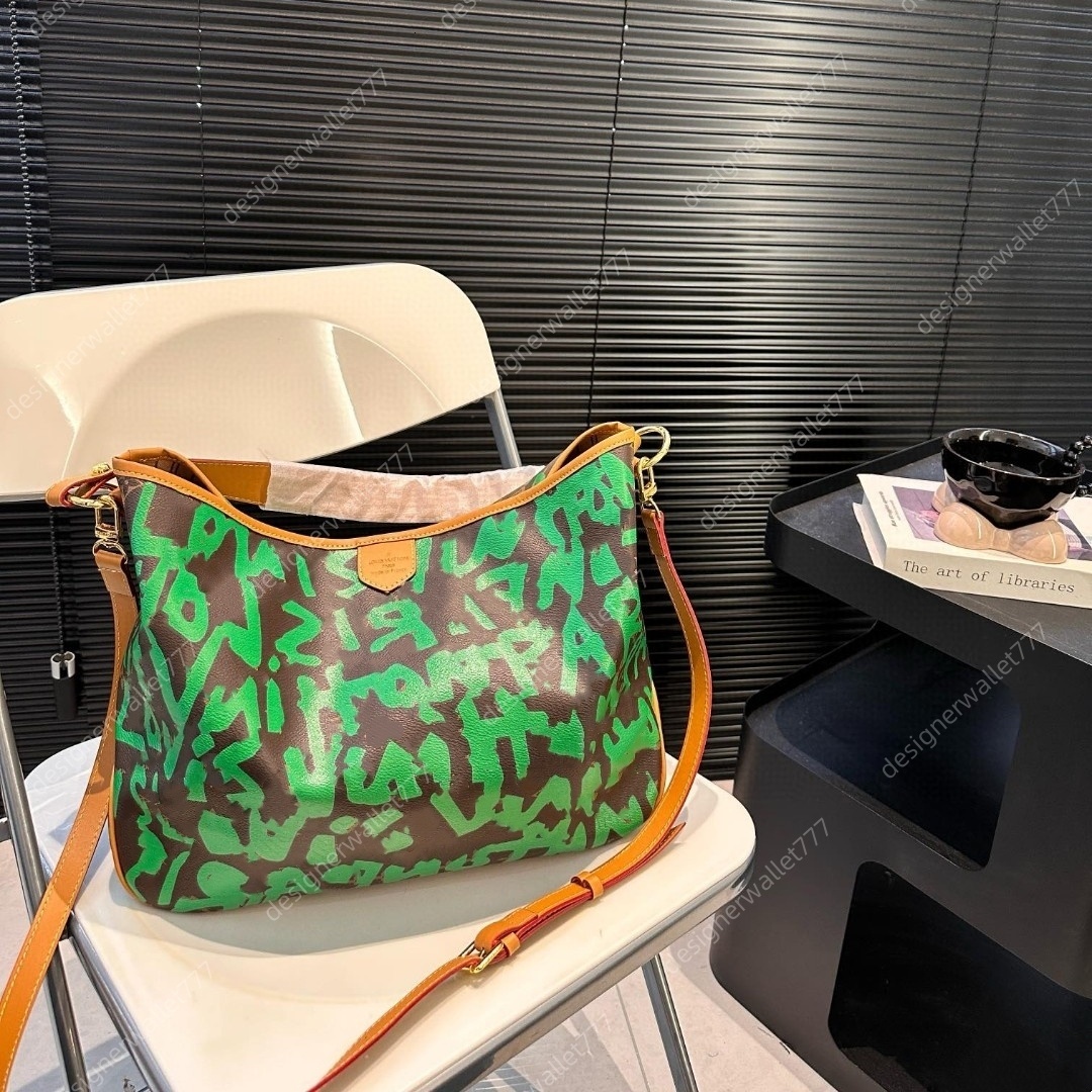 Womens designer rose flower green graffiti tote bag leather messenger shoulder bags shopping large capacity ladies women handbag purse high quality
