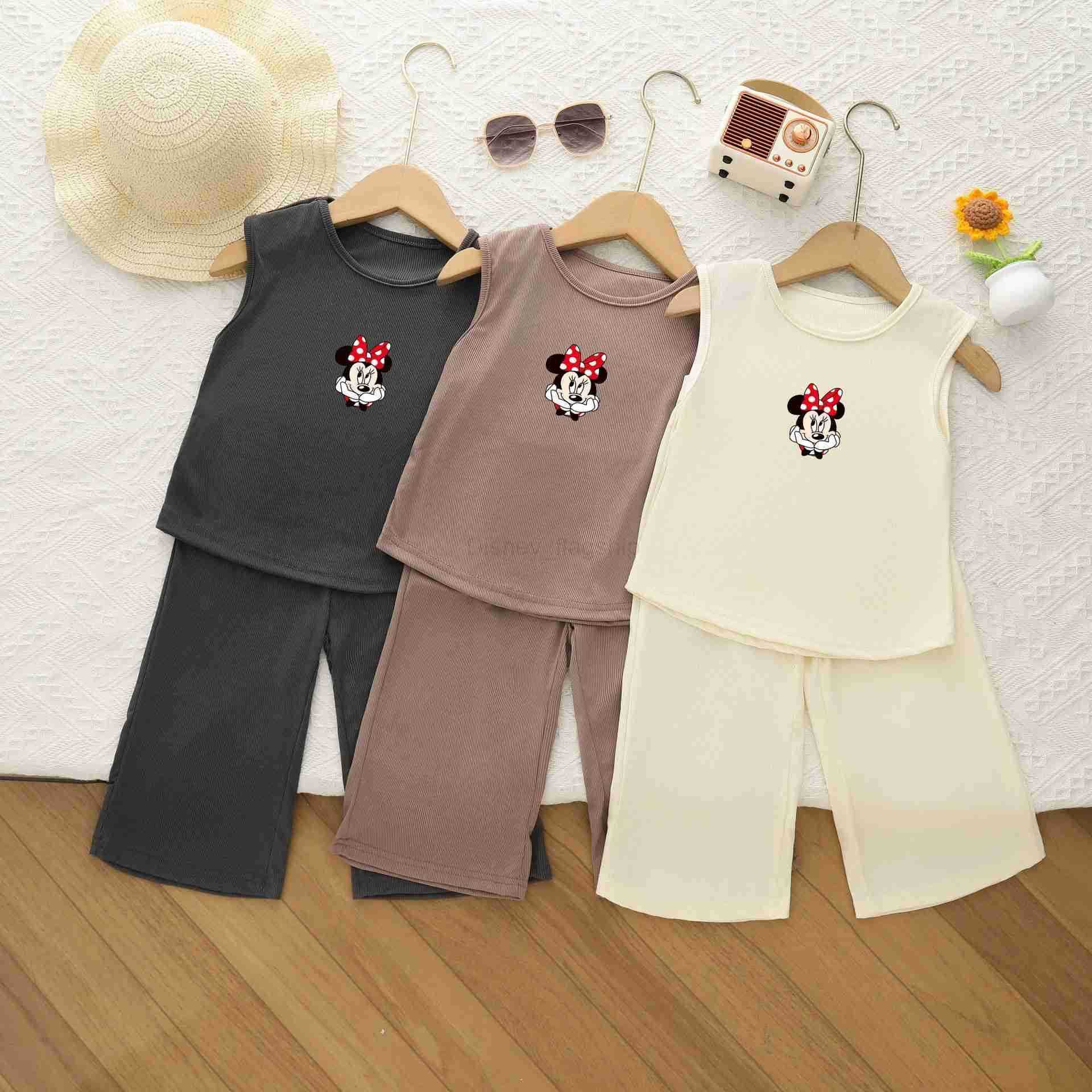 Disney Childrens Cartoon 2025 Summer New Sleeveless Ice Silk Set Tank Top Loose and Comfortable Two Piece Set for Girls SummerXJ250409