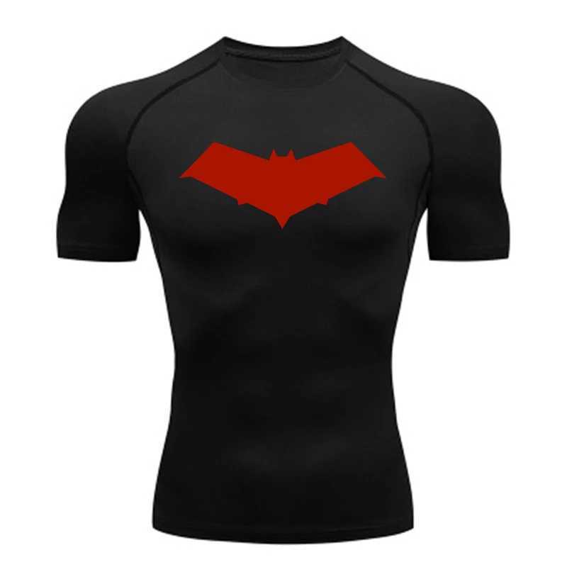 Compressed running T-shirt mens top bat print T-shirt mens fast drying gym sports shirt MMA Rashguard mens T-shirtXJ250409