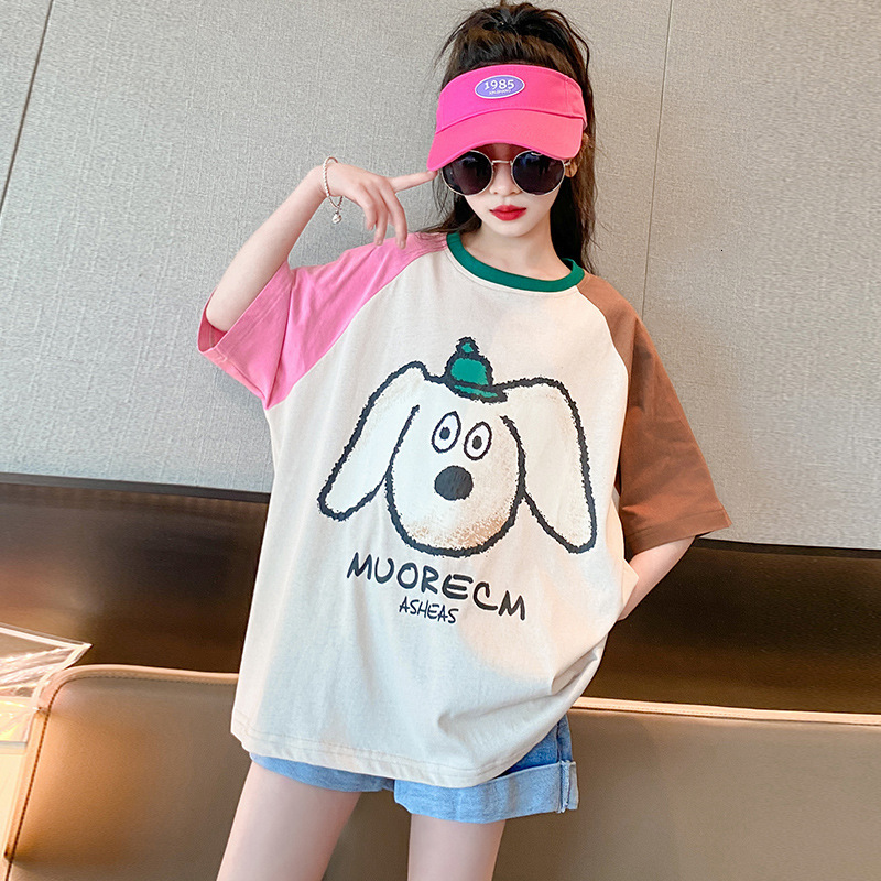 Ddmyshoesvip Girls Short Sleeved T Shirt New Style CUHK Children S Summer Fashion Single Product Cartoon Color Blocked Shoulder Sleeve Top