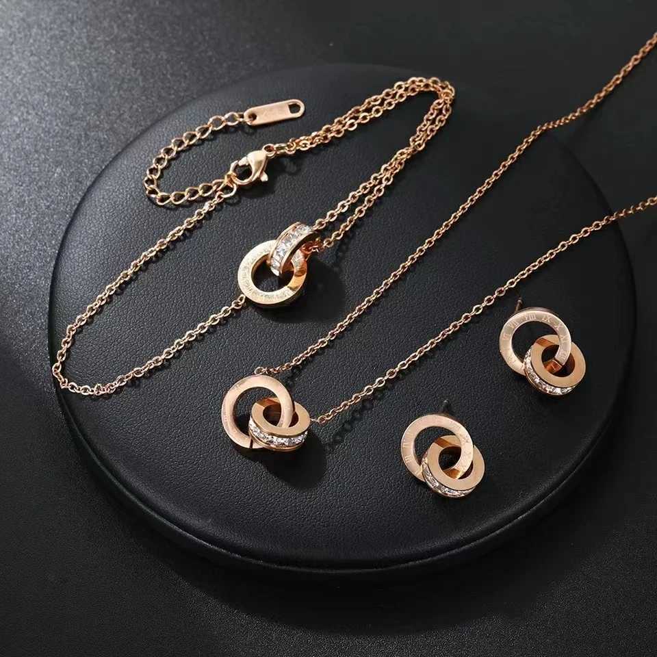 3 fashionable Roman numeral double ring pendant necklaces bracelets small earrings and jewelry sets suitable for womens daily Korean style wear Y25040