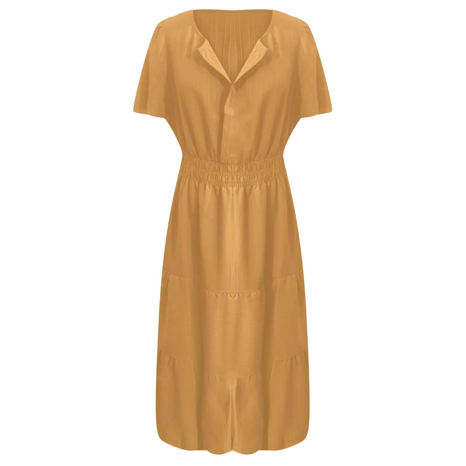 Dongdumaoyi New Women S Summer Casual Midi Maxi Dress Lightweight Short Sleeve Turndown Collar Elastic Waist Bohemian Beach