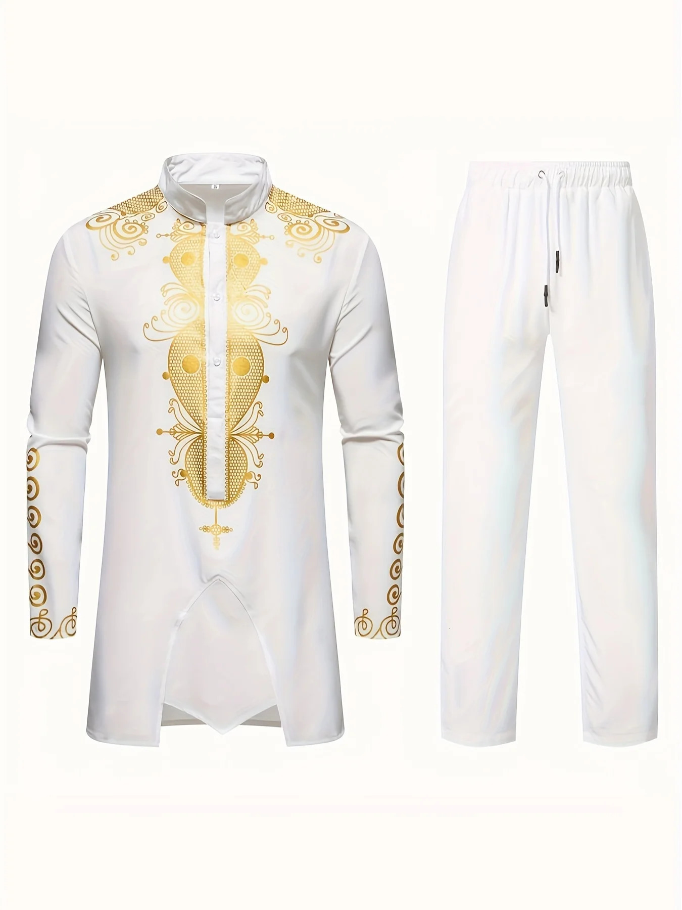 Traditional culture mens suit Muslim personalized 3D printed pattern Arabic dress loose and breathable twopiece set 250409