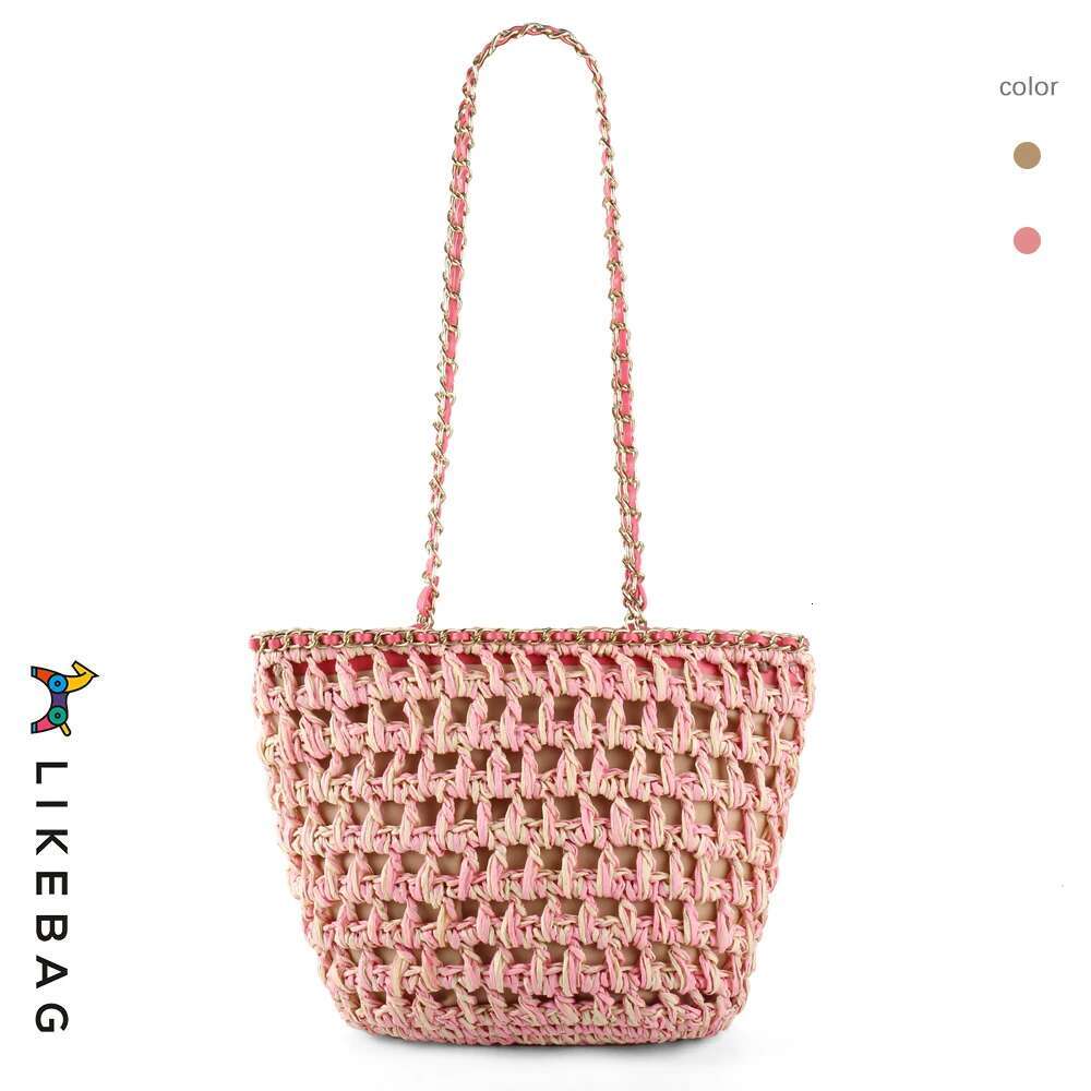 LIKEBAG 2024 New Travel Holiday Beach Straw Fashion Color Contrast Hollow Design Braided Bag Delicate Metal Chain Shoulder W