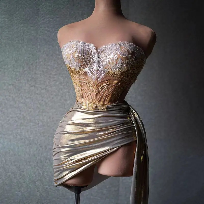 highend dress stylish and sexy top Rhinestone chain waist bodysuit bar nightclub performance costumes 250409