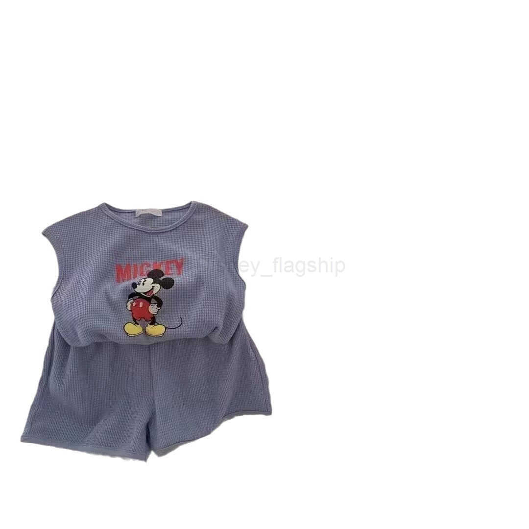 Disney Boys and Girls Waffle Set 2024 Summer Dress Korean Edition Childrens Stylish Cartoon Sleeveless Tank Top Two Piece Set TrendyXJ250409