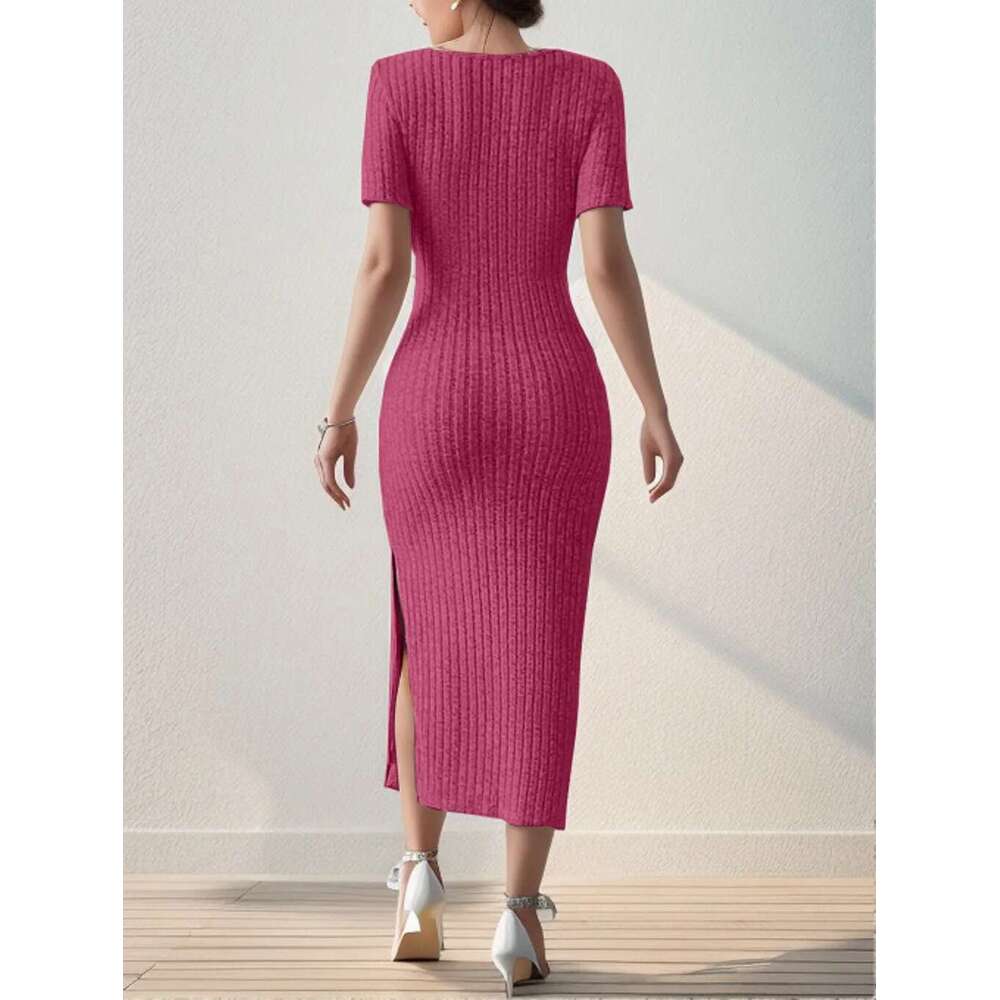 Summer Square Neck, Hip-Hing Mid-Length Skirt, Short-Sleeved, Versatile Knitted Slit Dress
