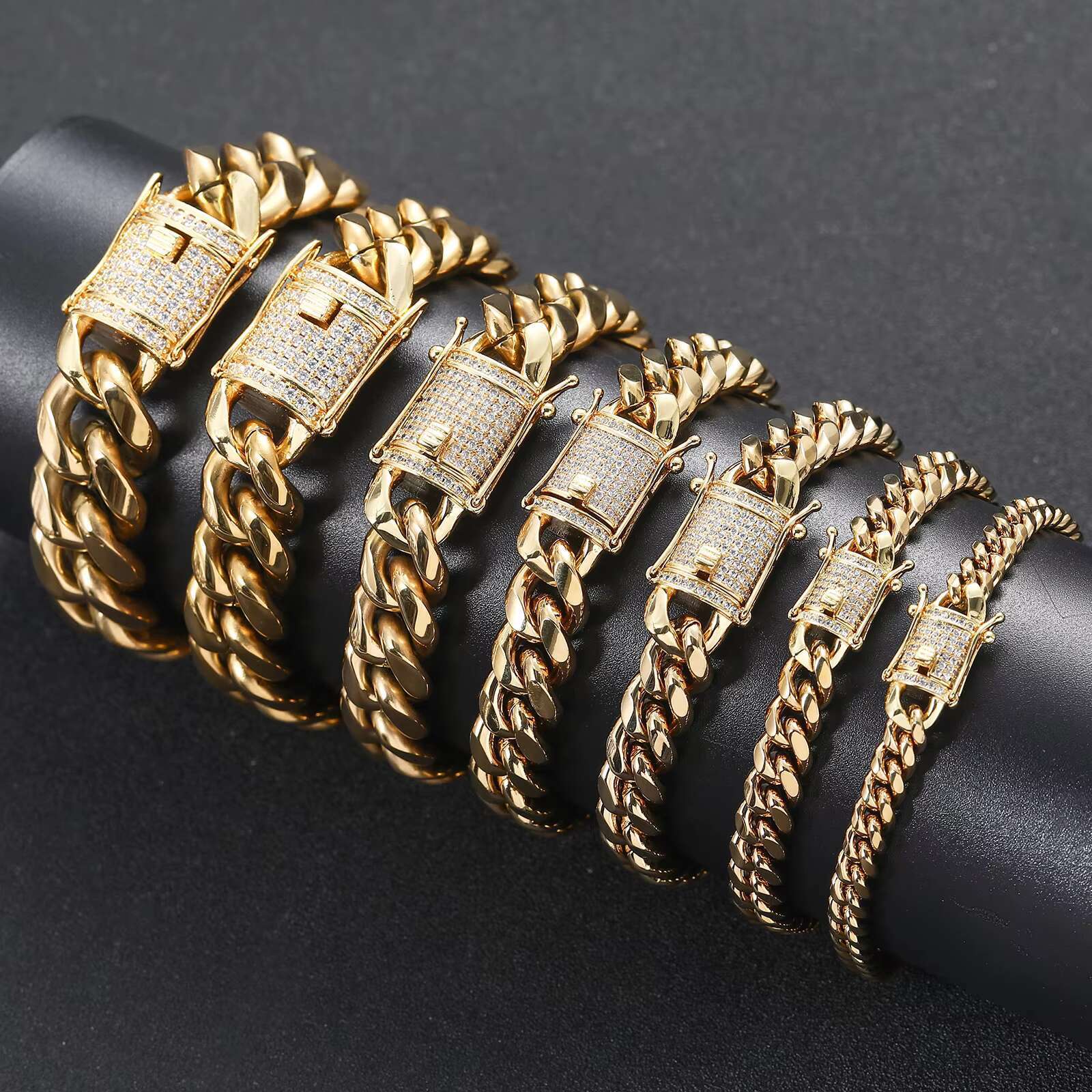 BES 6-18mm Width High Quality Low Price 14K 18K Gold Plated Monaco Stainless Steel Cuban Link Chain Bracelet Necklace Jewelry