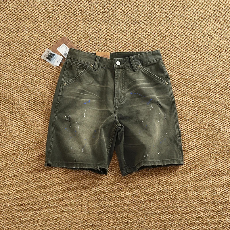 American Retro Cowboy Cargo Shorts for Men in Summer 100% Cotton Washed Used Spray Painted Straight Casual 4point Pants 250409
