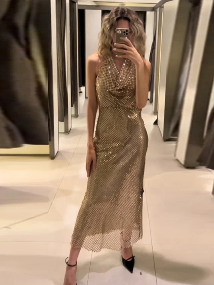 Backless sequined camisole Maxi dress for women sexy Vneck long high waisted party evening club womens sleeveless 250409