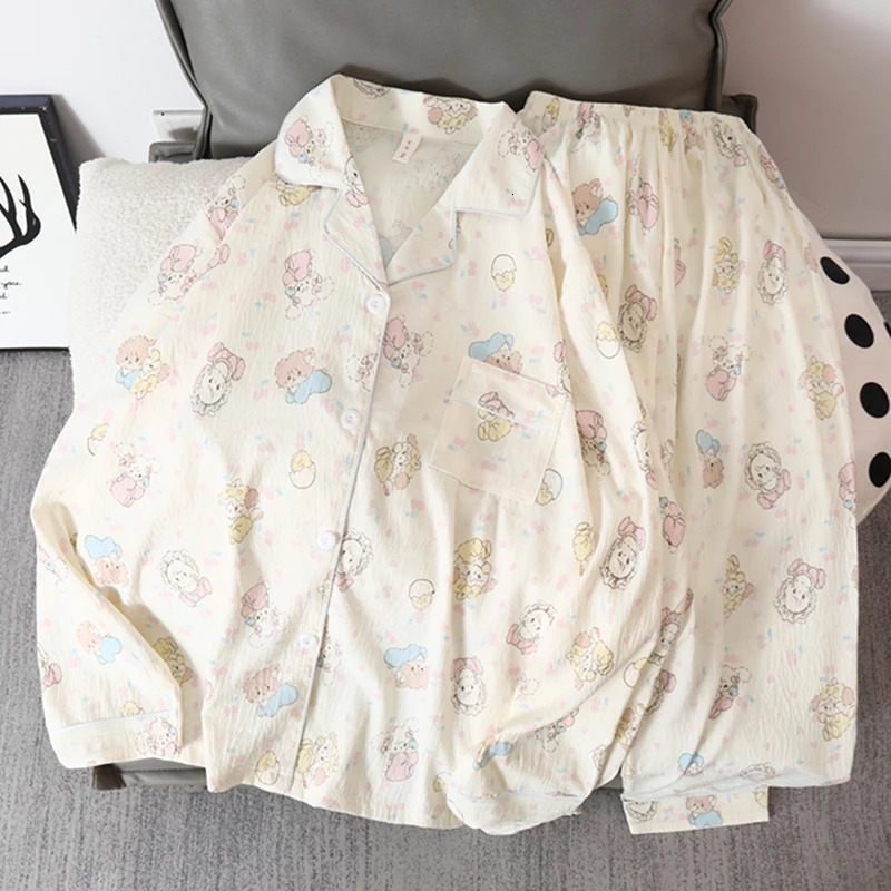 Korean Cute Cartoon Cat Printed Womens Pajamas Kawaii Casual Full Set Autumn Vneck Pajama 250409