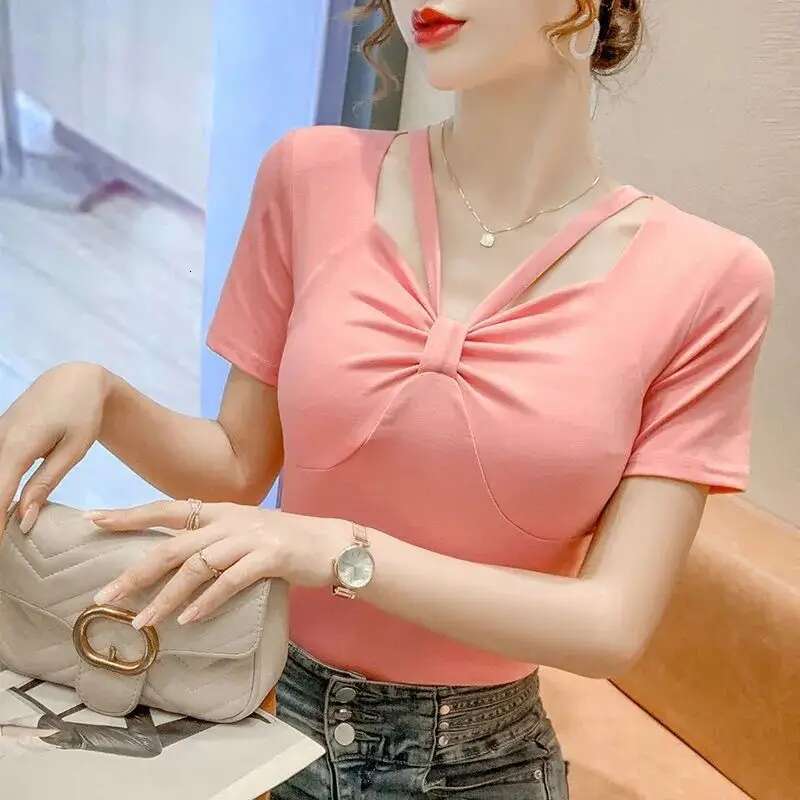 Summer Women Clothes Fashion Casual Simplicity Solid Color Short Sleeve T-Shirt Women's Slim All-match Temperament V-neckTops