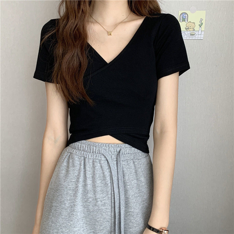 2025S Designer Women S T Shirt Summer New Design Cross Versatile Slim Fit Sleeve T Shirt Korean Short Solid Color Top For Women