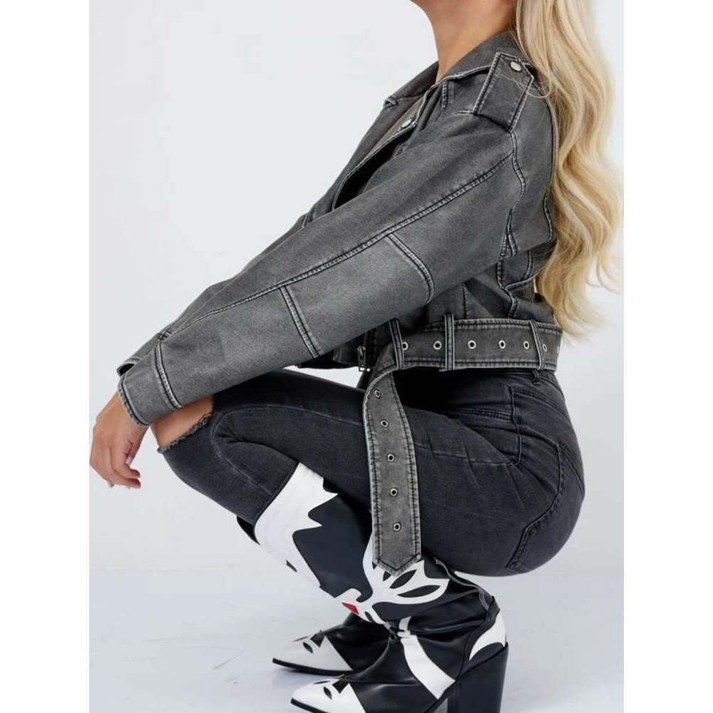 Aigo Streetwear Women Loose Retro Zipper Faux Leather Short Jacket With Belt Vintage Female Moto Biker Coat Chic Outwear