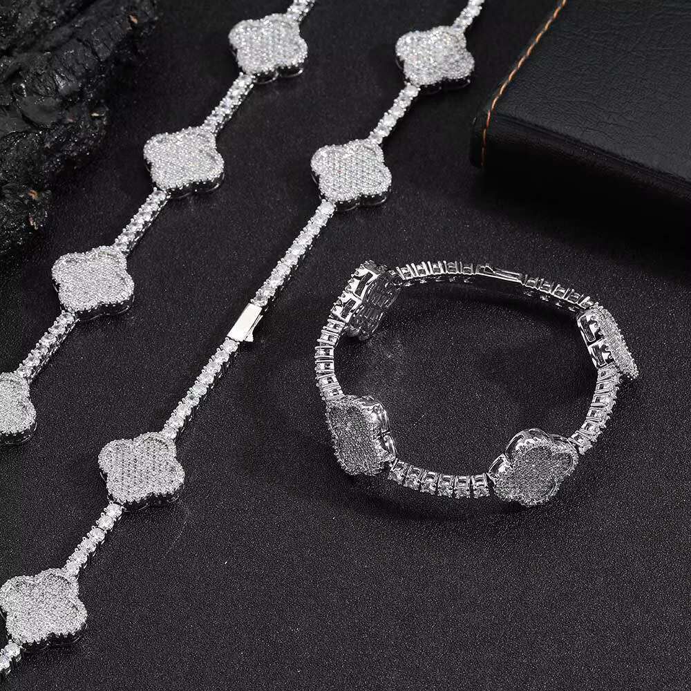Luxury Jewelry 3mm 4mm Four Leaf Clover Design Moissanite Diamond Tennis Chain Necklace Bracelet