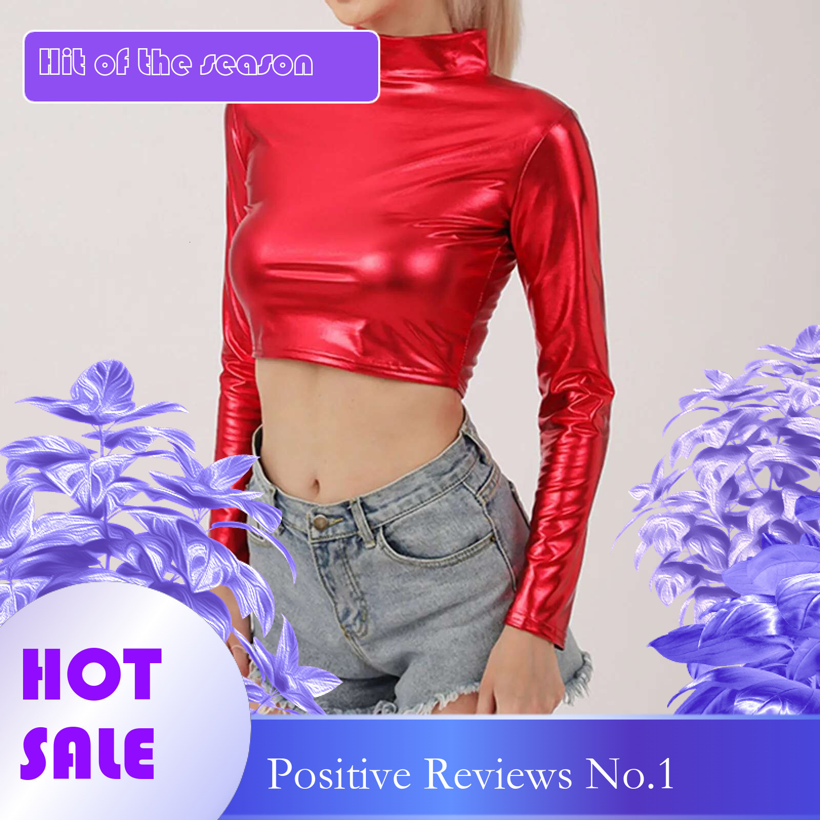 Dongdumaoyi Women Metallic Liquid Crop Top Turtleneck Long Sleeve T Shirt For Rave Club Dance Costume Wet Look Short Holographic Cropped