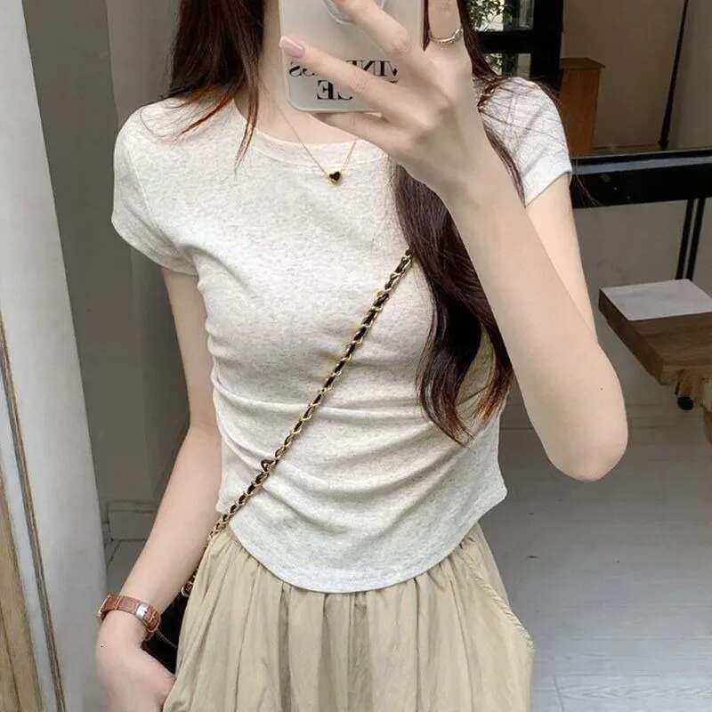 Summer 100% Cotton O Neck Sexy T Shirt Women Fashion Solid Color White Short Sleeve Tops Casual Skinny Slim Pullover Street Y2k