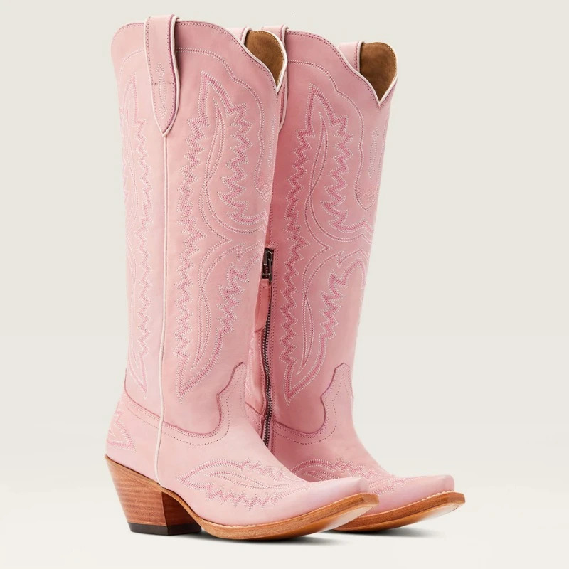 Womens Autumn/Winter European and American Pointed Thick Heel High Barrel Large Western Side Zipper Denim Boots 251106