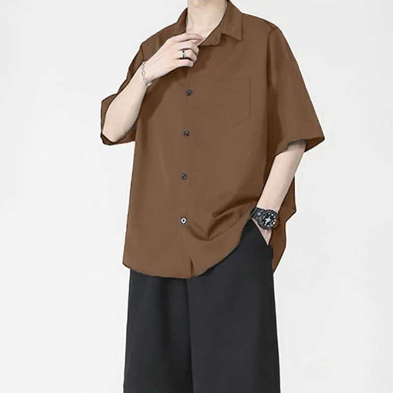 Mens summer silk short sleeved dress high-end loose fit casual solid color mens shirt W250408