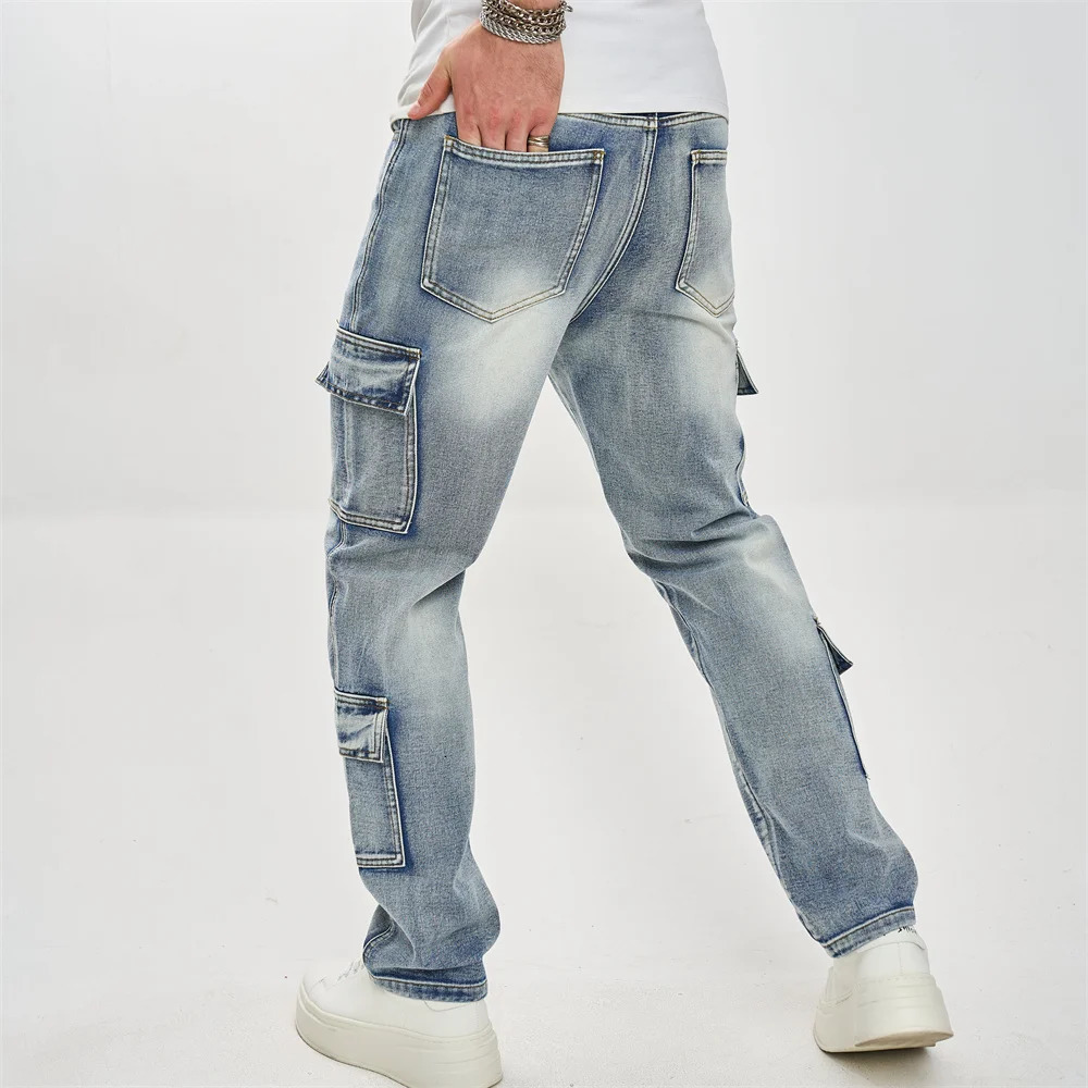 Fashionable multi pocket mens loose cargo jeans Trouser motorcycle mens solid carpenter casual straight jeans 250408