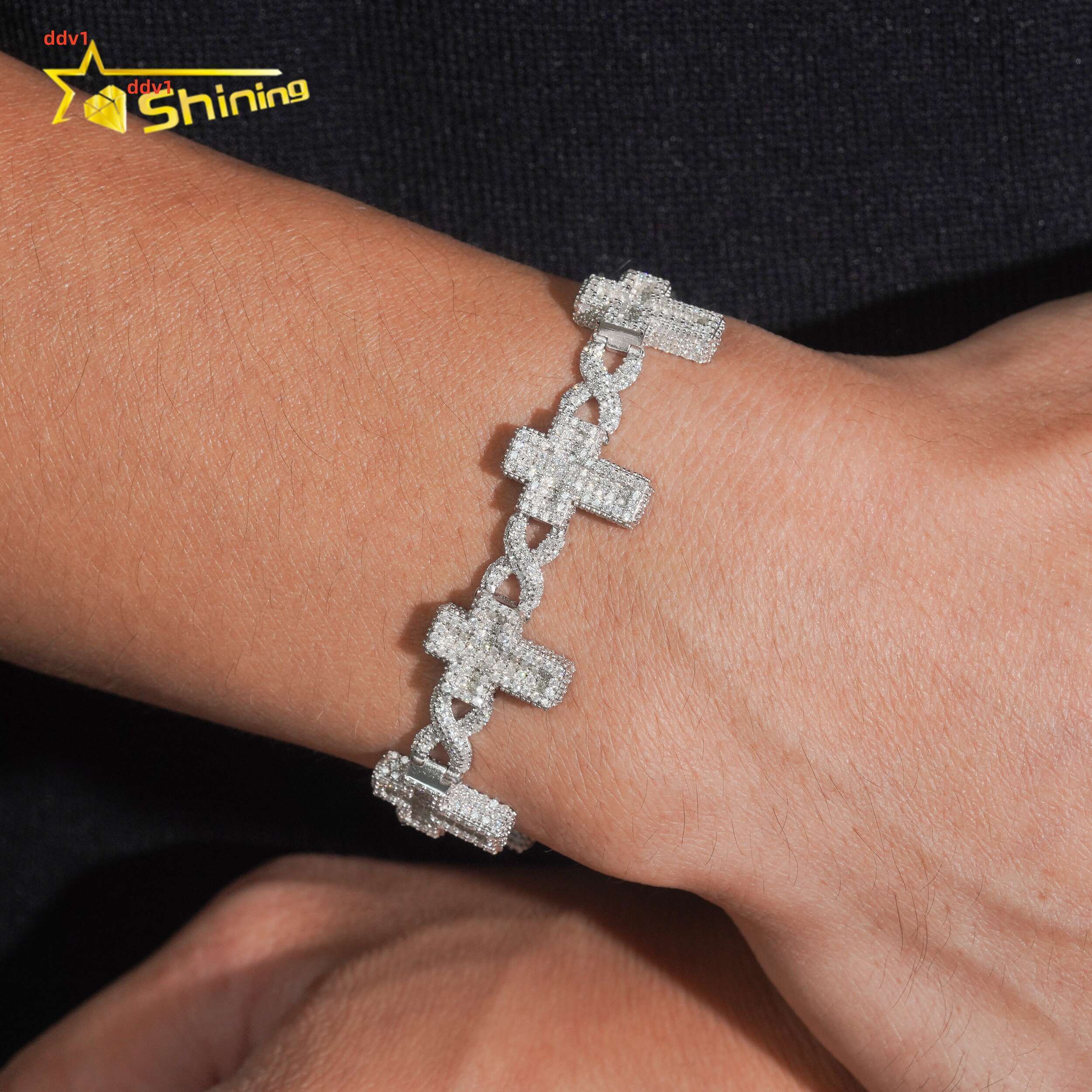 Moissanite Pass Diamond Test Men Bracelet Gold Plated S925 Moissanite Sparking Hop Hip Iced Out Cross Cuban Link Bracelet