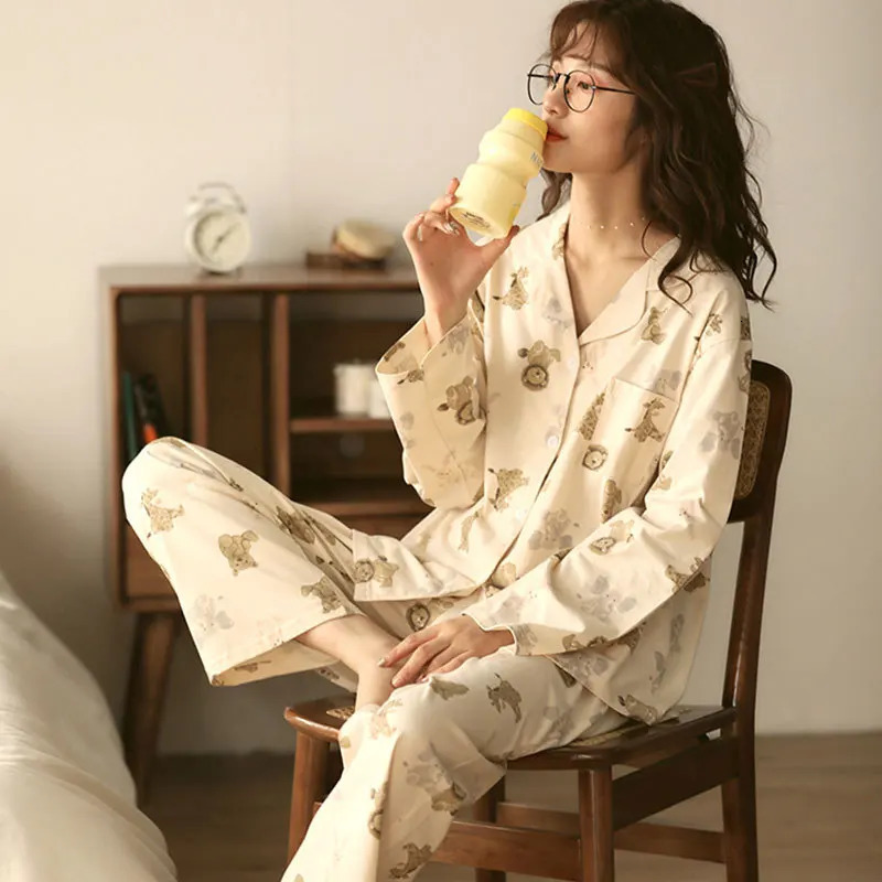 Large cartoon bear pajamas for women heartshaped sweet long sleeved pants student lounge set lapel 250409