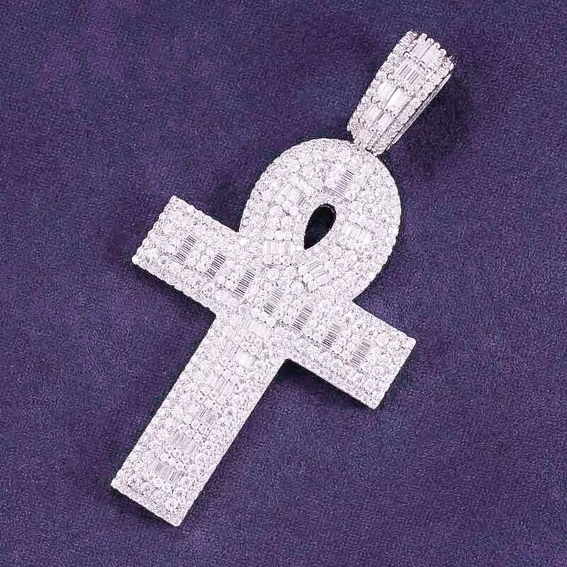 Hip Hop Iced Out Bling 925 Sterling Silver Pass Diamond Tester VVS Moissanite Baguette Ankh Cross Pendant for Men Women