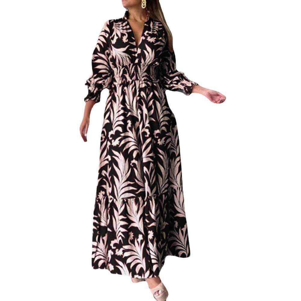 2025 Autumn Winter New from Waist-Cinching Pullover Bohemian Print Long Sleeve Flared Dress