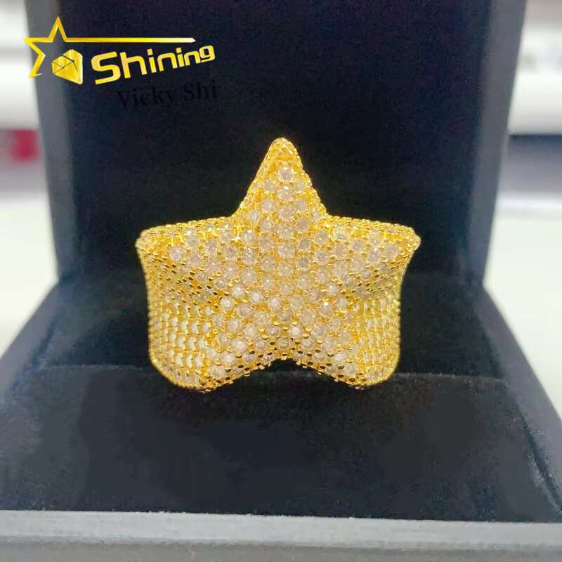 GRA Certificated Hip Hop Star Diamond Ring Custom Solid Back Men 925 Sterling Silver Gold Plated Moissanite Ring