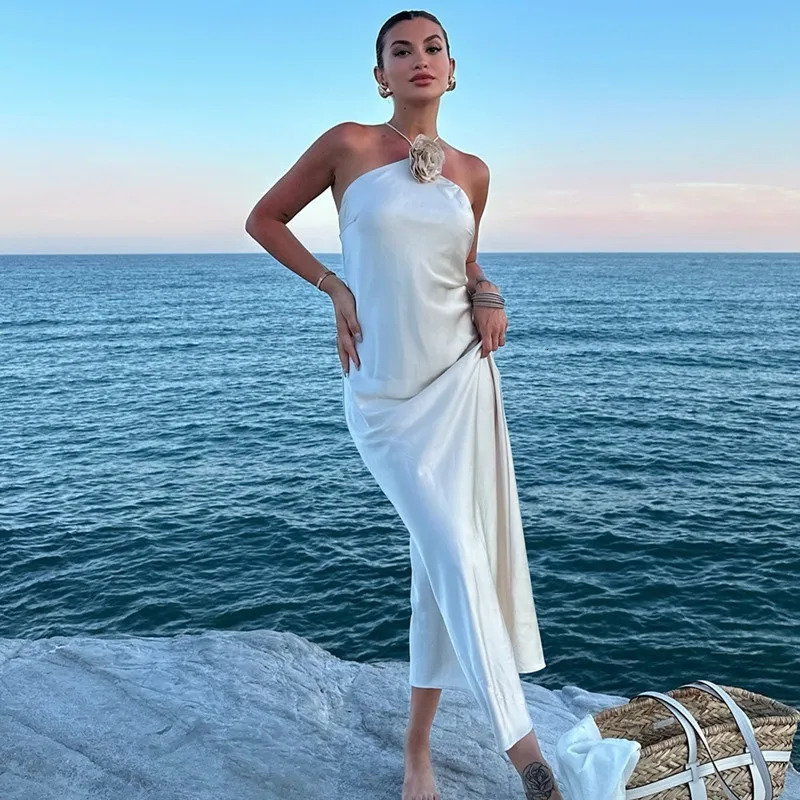 TRAF floral satin long dress womens off shoulder camisole backless summer elegant party sexy evening 250409