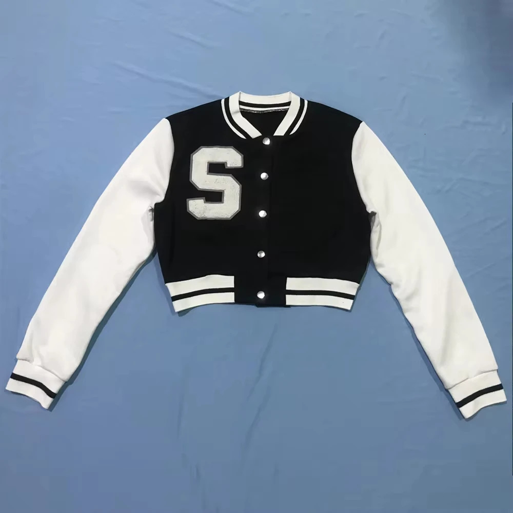 Baseball jacket womens letter printed button Vneck long sleeved red bomber black baseball crop top 250409