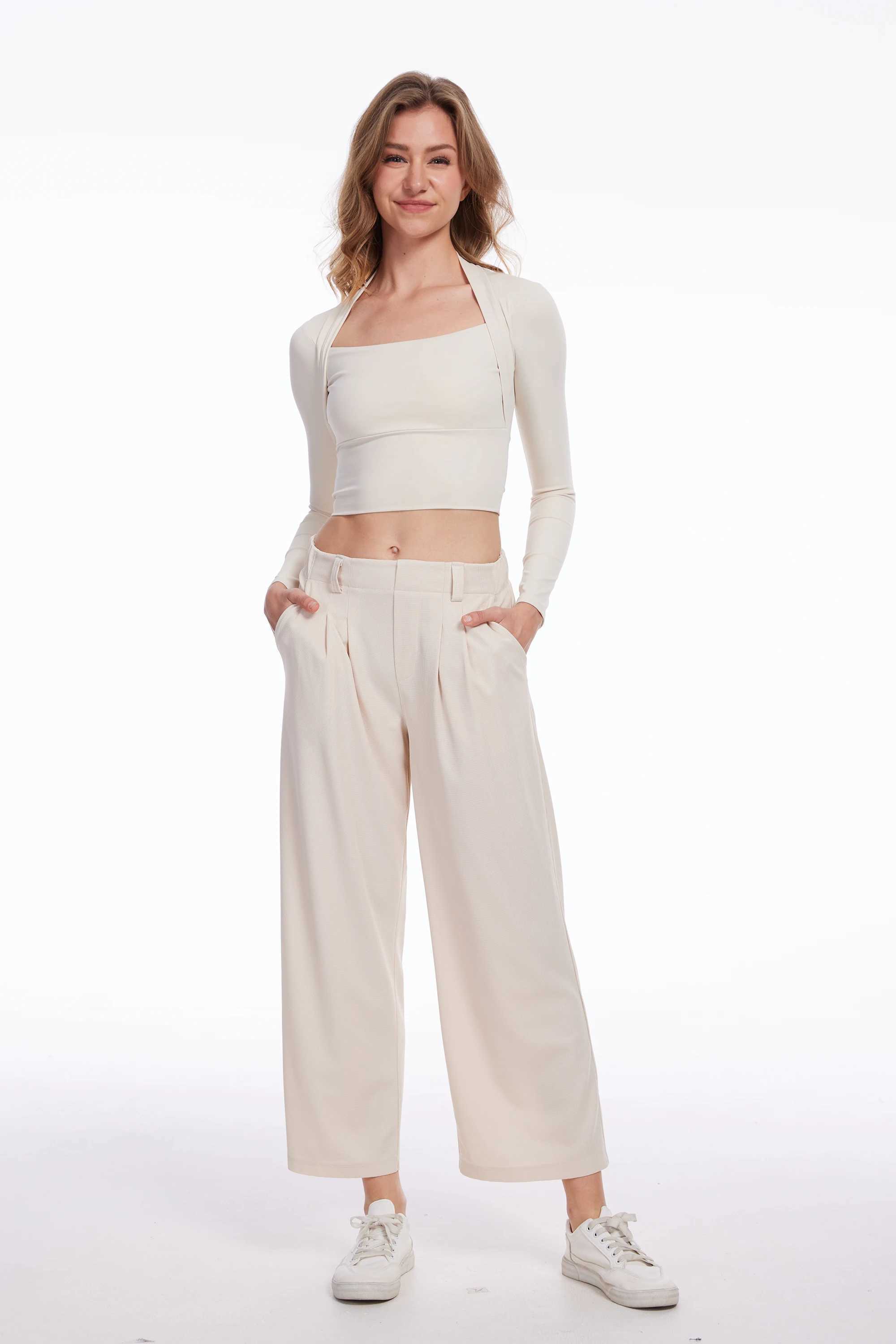 Womens casual business wide leg cut pants elastic waist pants office clothes womens solid slack pantsXJ250403