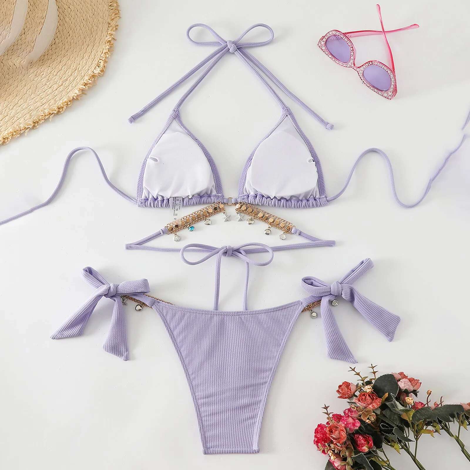 Dongdumaoyi Sexy Purple Micro Bikinis Sets Two Pieces Swimsuit Chain Swimwear Female Thong Brazilian Biquini Beach Wear Bathing Suit
