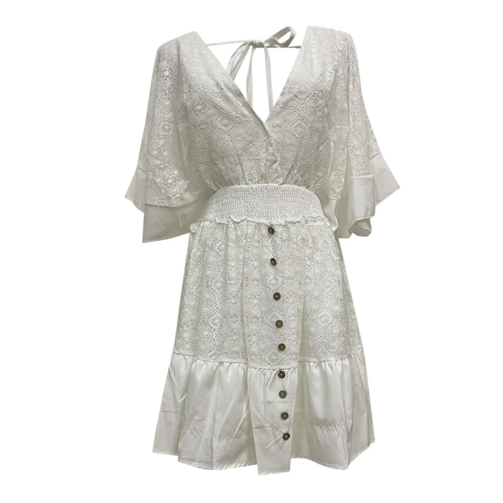 Dongdumaoyi Summer Fashion Dresses For Women Lace Crochet Casual Rustic Elegant Vintage Dress Solid Color V Neck Short