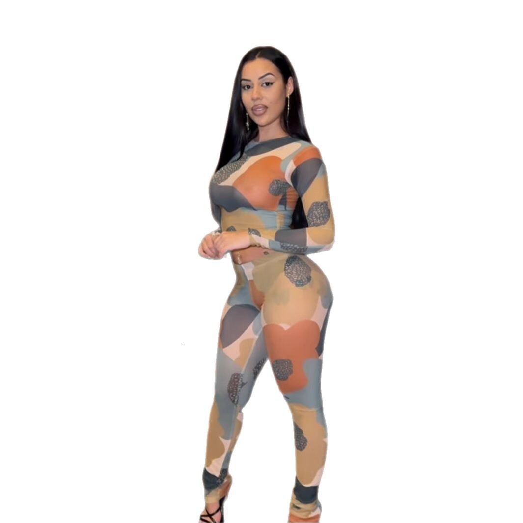 2025S Designer Women S Set Summer New Fashionable Sexy Hot Girl Long Sleeve Round Neck Printed Top High Waist Bag Hip Pants Set