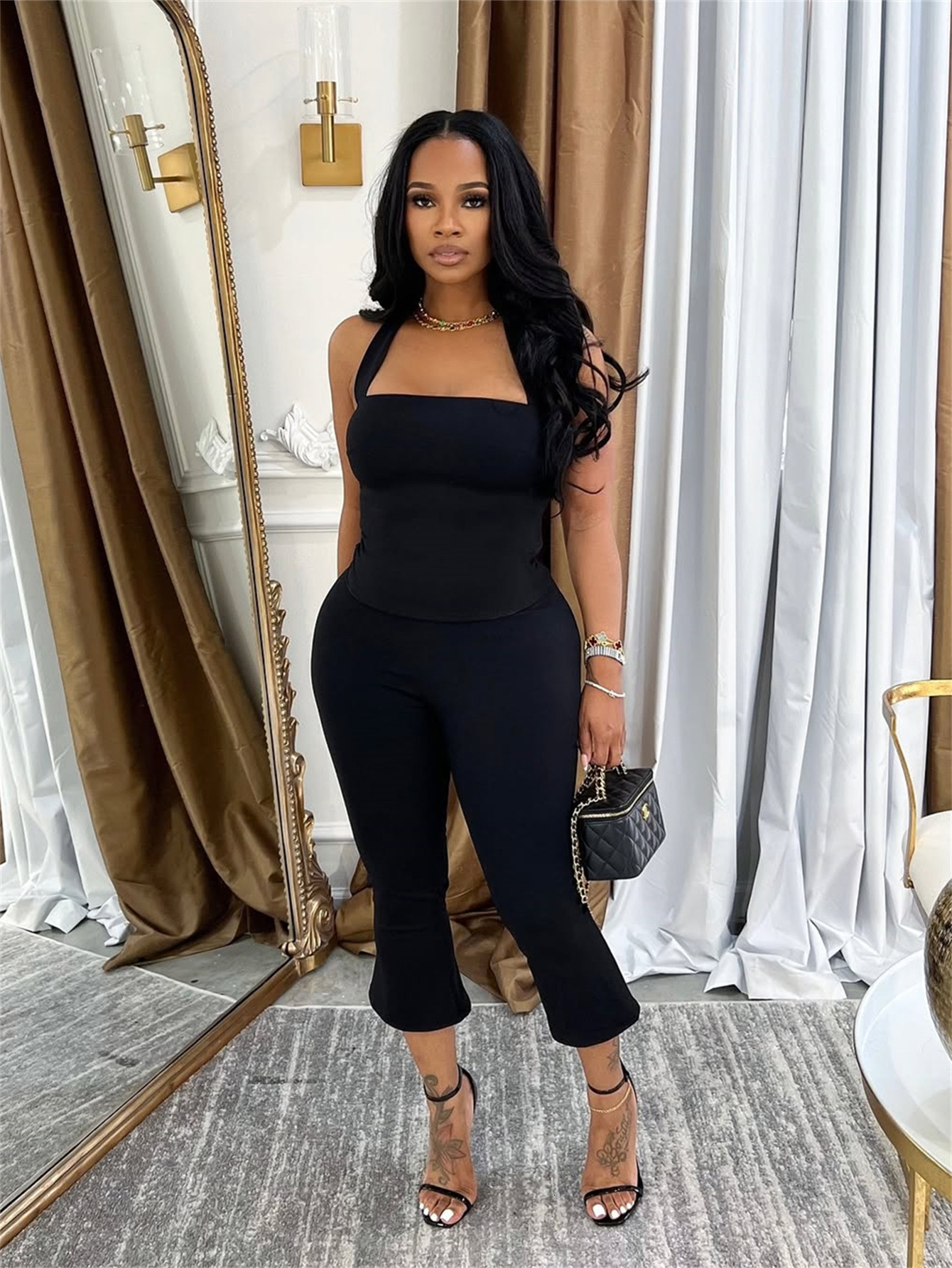 2025S Designer Women S Set Summer Solid Color Neck Straightening Sleeveless Strap Waist Tight Pants Set For Women