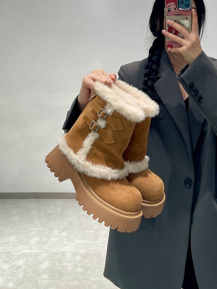 Thick heeled and height increasing snow snow boots luxury cotton boots for women winter cotton shoes with wool lining for warmth big toe designer boot