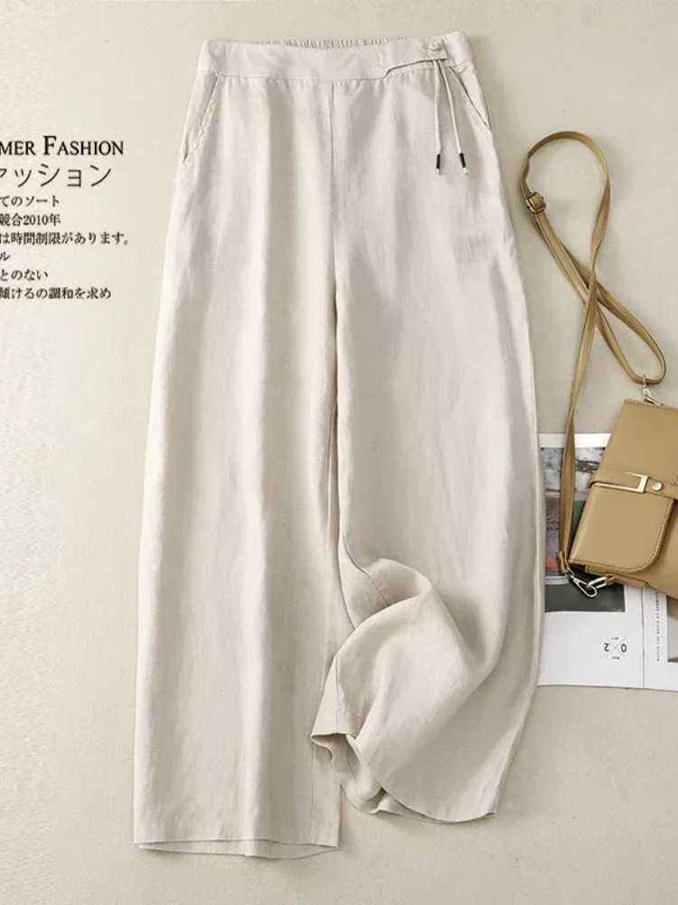 Retro Art Summer Wide Leg Pants Womens Elastic High Waist Cotton and Linen Casual Pants Loose Straight Yellow Womens PantsXJ250403